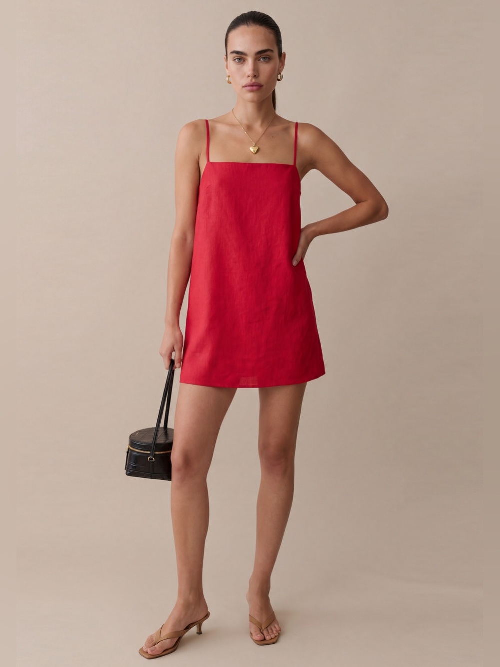 Kourt Linen Red Square-Neck Mini Dress with Tie Straps